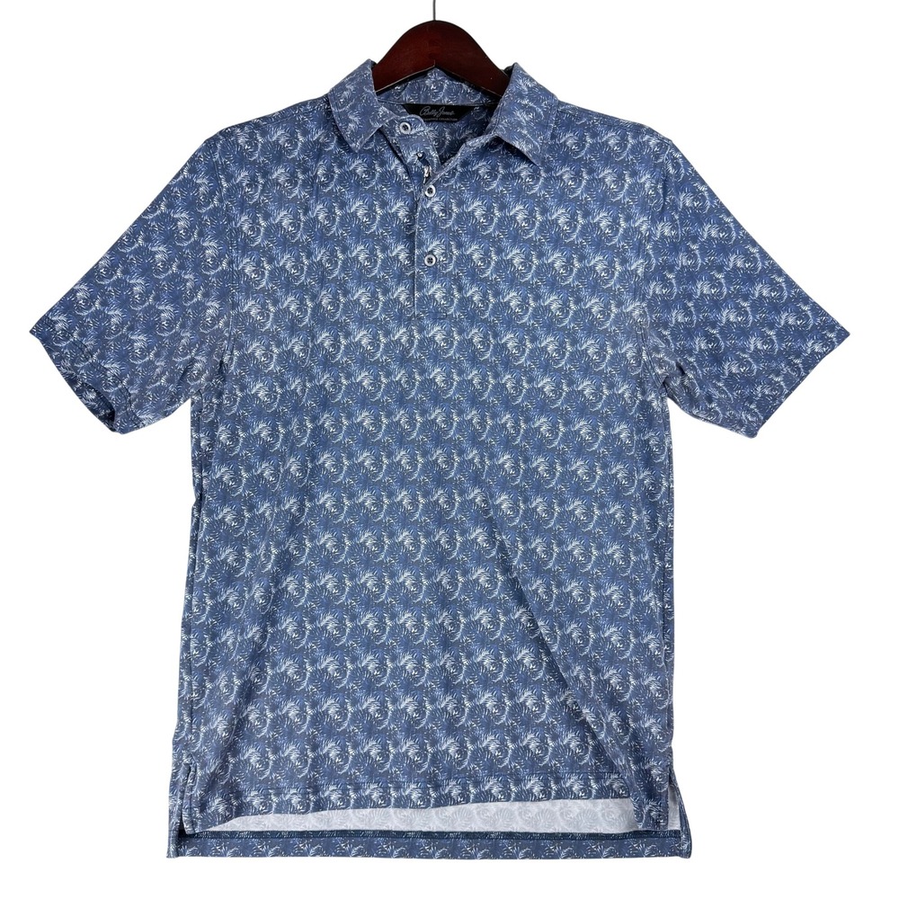 Bobby Jones Polo Shirt Mens Medium Blue Palm Print Performance Golfcore Coastal